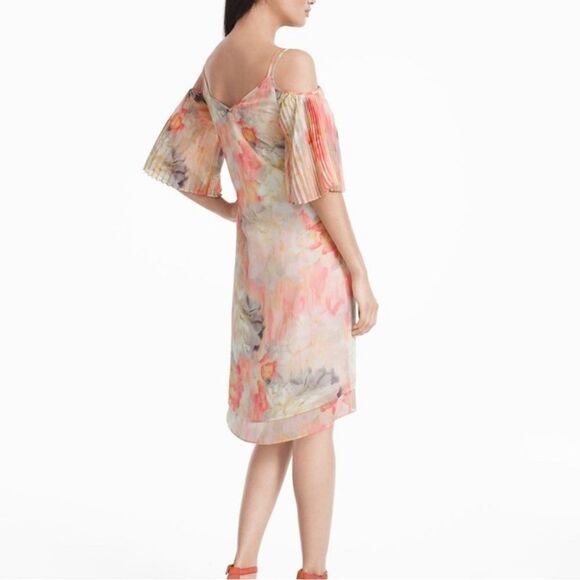 WHBM | Cold Shoulder Pleat Sleeve Watercolor Print Dress, Size 00 - Picture 2 of 9